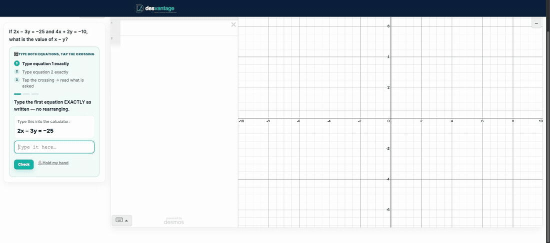 A real recording of the Desvantage practice arena: typing both equations, the lines crossing, and the correct answer chosen